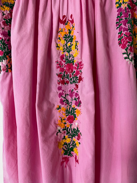 Vintage Boho Oaxacan Mexican Pink Huipil Dress - Hand Embroidered Floral M/L