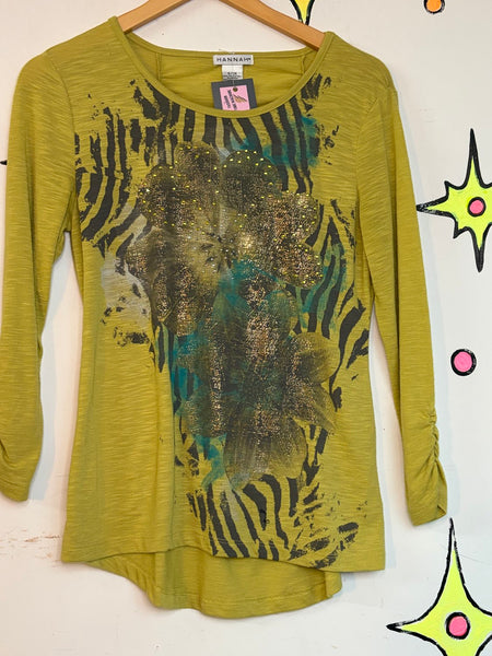 Y2K Chartreuse Zebra Print Tee | McBling Glam Animal Print Top Small