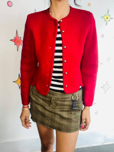 Vintage 80s Red Boiled Wool Cropped Blazer - Boho Fairy Grunge Glam - Small