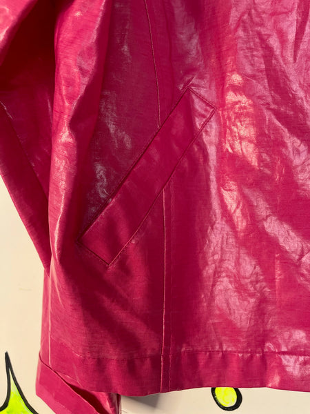 Vintage Pink Glossy Vinyl Zip-Up Barbie Moto Jacket | 90s Plastic Coat | L