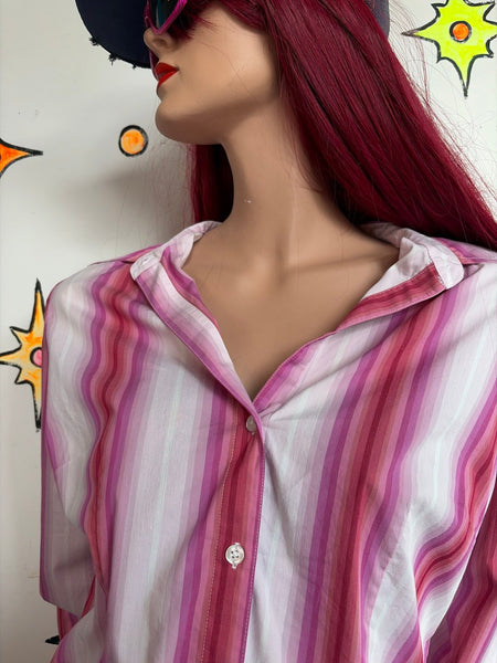 Y2K Pink Pinstripe Button-Up Shirt Office Siren Academia Preppy Glam L
