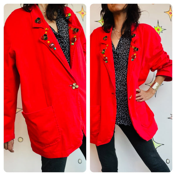Vintage 80s Cherry Red Christmas Holiday Party Blazer - Glam Bedazzled - XL+