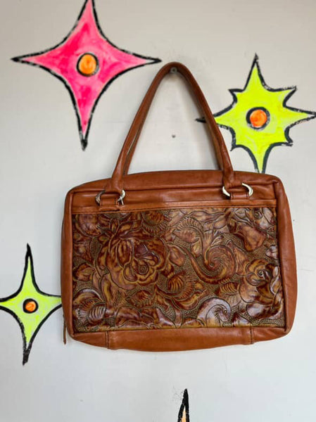 Vintage Boho Western Tooled Leather Satchel | 70s Style Floral Purse Handbag
