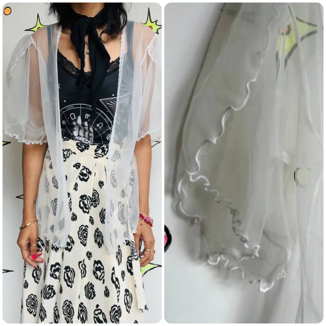 Vintage | White Chiffon Sheer Babydoll Ruffle Sleeve Nighty Robe Cape Duster | M