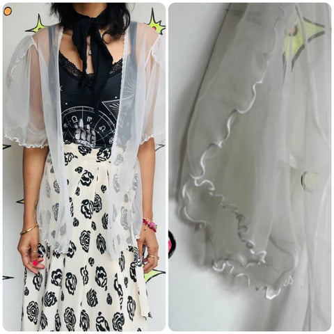 Vintage | White Chiffon Sheer Babydoll Ruffle Sleeve Nighty Robe Cape Duster | M