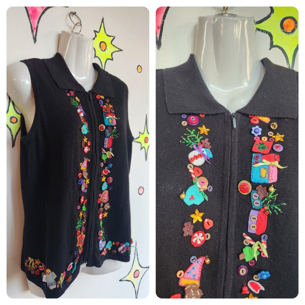 Vintage 90s | Festive Xmas Tacky Ugly Embellished Christmas Sweater Vest | Small