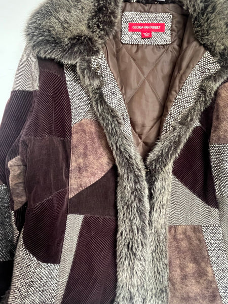 Y2K Penny Lane Faux Fur Patchwork Coat Boho Glam Western Festival Luxe L