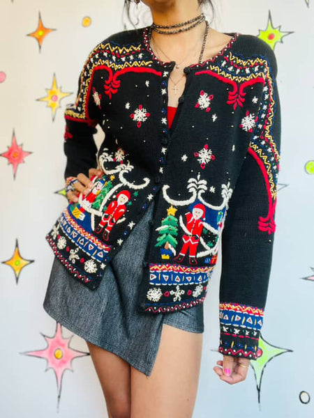 Vintage 80s 90s Black Ugly Tacky Christmas Sweater Cardigan Santa & Snowman – M
