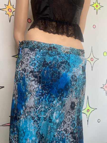 Y2K Blue Lace Tattoo Print Midi Skirt Fairy Grunge Aquamarine Mermaidcore Goth L