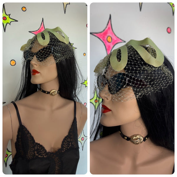 Vintage 1950s Pastel Green Lace Fascinator Veil Whimsy Net Cage Hat Coquette