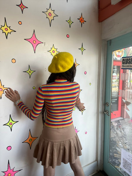 Rainbow Ribbed Turtleneck Clowncore Retro Mod 60s Y2K Colorful Stretch Top XS