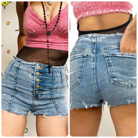 Vintage Y2K | High Rise Stretchy Jean Shorts Denim Cut Offs | Light Wash | 7