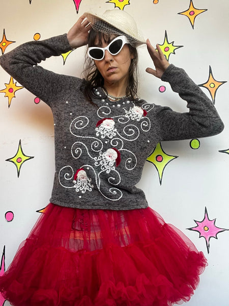 Vintage Santa Christmas Sweater | Ugly Tacky Beaded Holiday Pullover Small