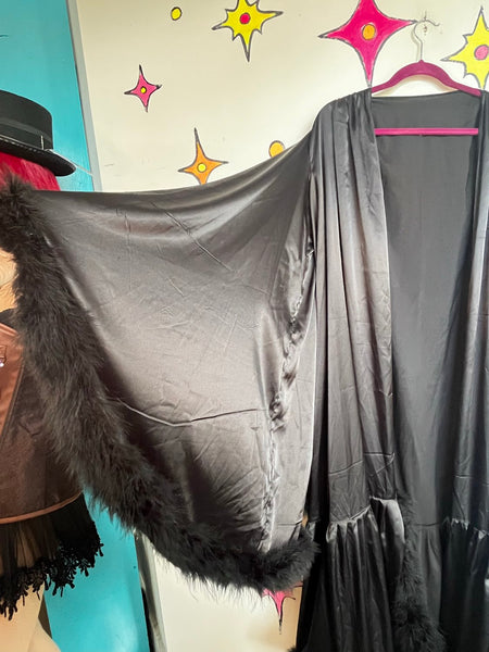 Black Feather Trim Decadent Robe Pin Up Boudoir Lingerie Old Hollywood Glam