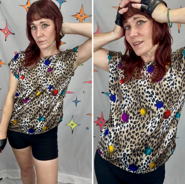 80s Leopard Print Pop Art Top Colorful Dots Avant Garde Kitsch Maximalist M
