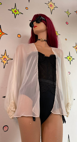 White Sheer Lace Puff Sleeve Lace Dolman Cape Robe Romantic Lolita Soft Grunge M