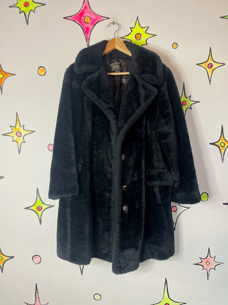 Vintage 70s Black Fluffy Vegan Faux Fur Teddy Bear Coat – Boho Glam Grunge - M/L