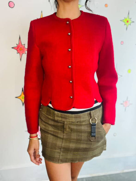 Vintage 80s Red Boiled Wool Cropped Blazer - Boho Fairy Grunge Glam - Small