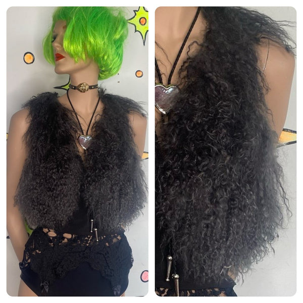 Gray Faux Mongolian Fur Vest Y2K Boho Grunge Festival Layering Piece S