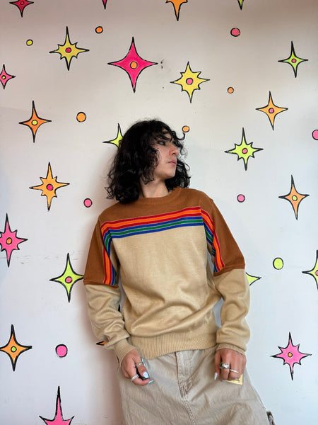 Vintage 70s Rainbow Striped Sweater | Retro Hippie Knit Pullover Skater Grunge M/L