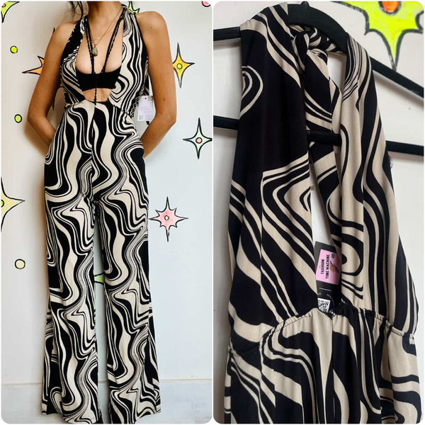 Y2K Psychedelic Rave Jumpsuit – 90s Does 60s Festival Party Vibes – Stretchy