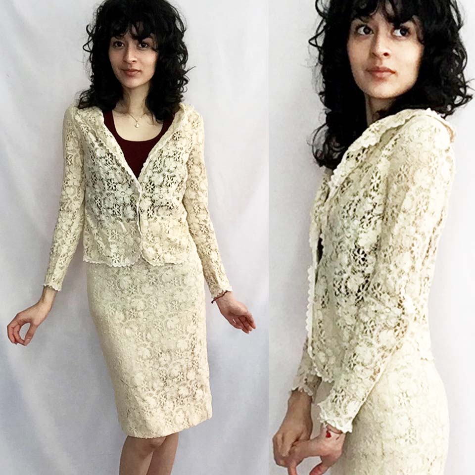 Vintage 40s 1950s | Off White Lace 2 Piece Suit Set Dress | XS