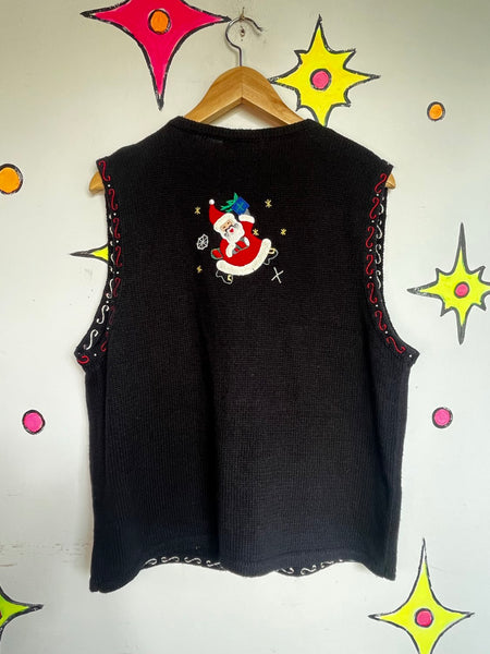 Black Ugly Christmas Sweater Vest Button Up Holiday Party Santa Festive Knit M