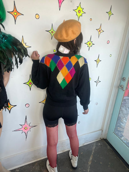 Rainbow Harlequin Cardigan Clowncore Sweater Beaded Deep V Button Front S/M