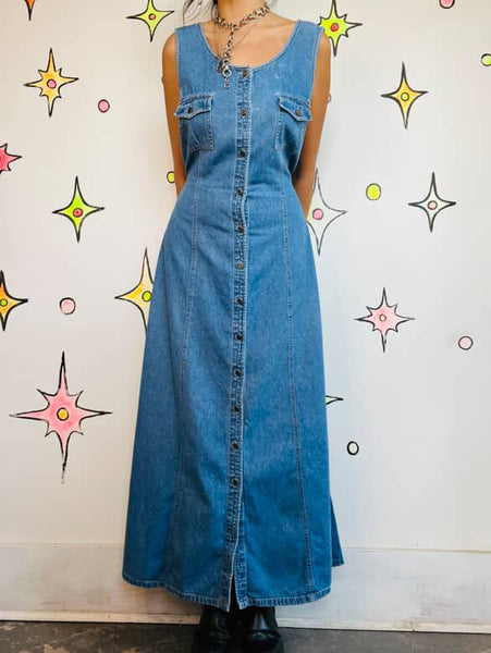 Vintage 90s Denim Button-Up Maxi Dress Liz Claiborne Boho Grunge Sleeveless | XL
