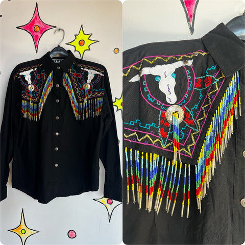 Vintage | Rainbow Beaded Fringe Western Shirt| Size L