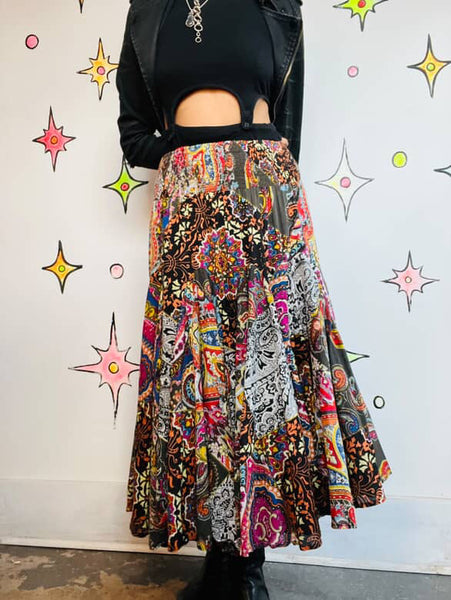 90s Y2K Rainbow Cotton Paisley Patchwork Fairy Boho Grunge Tiered Maxi Skirt | M