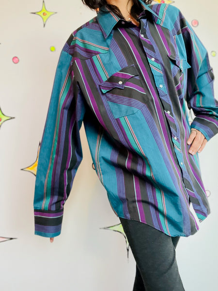 Vintage Striped Western Pearl Snap Shirt - Men's Cowboy Rodeo Style - XL