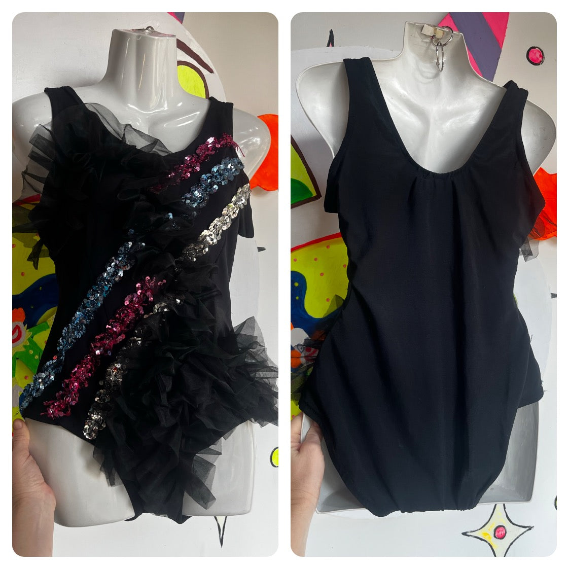 Vintage Dance Costume | Black Ruffle Burlesque Circus Leotard Clown Playsuit