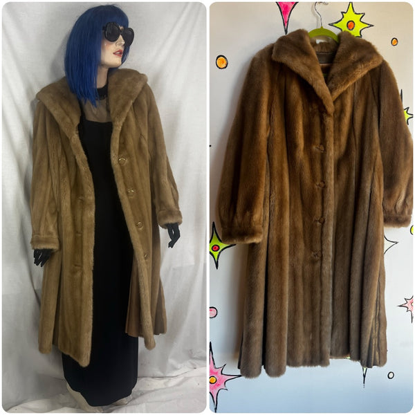 Vintage 60s 70s | Brown Faux Fur Coat Glam Pinup Long Mob Wife Coat