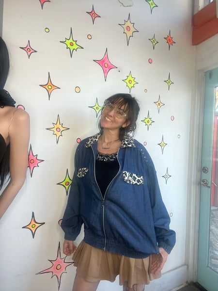 80s Denim Jacket with Leopard Trim | Boho Grunge Studded Jean Jacket – L