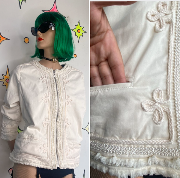 Y2K White Sparkly Military Jacket Silver Metallic Glam Chicos Boho Grunge L