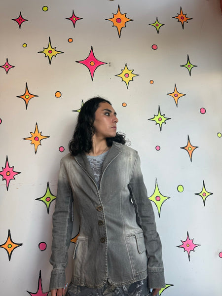 Guess Y2K Denim Blazer Distressed Charcoal Indie Sleaze Jacket S