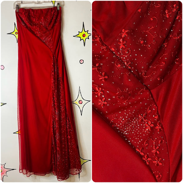 Vintage 90s Y2K Red Glitter Fairy Grunge Formal Strapless Holiday Maxi Dress – M
