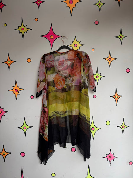 Y2K Floral Collage Print Duster Sheer Boho Kimono Romantic Fairy Grunge - OS