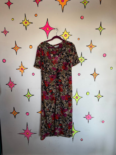 90s Floral Silk Dress Romantic Fairy Grunge Whimsy Goth Office Siren M/L