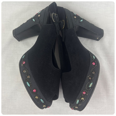 Vintage 1940s Black Suede Embellished Cha Cha Platform Heels – Size 6.5