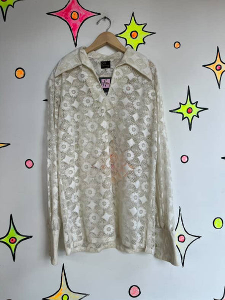 Vintage 70s White Sheer Lace Romantic Grunge Boho Dagger Collar Blouse | M