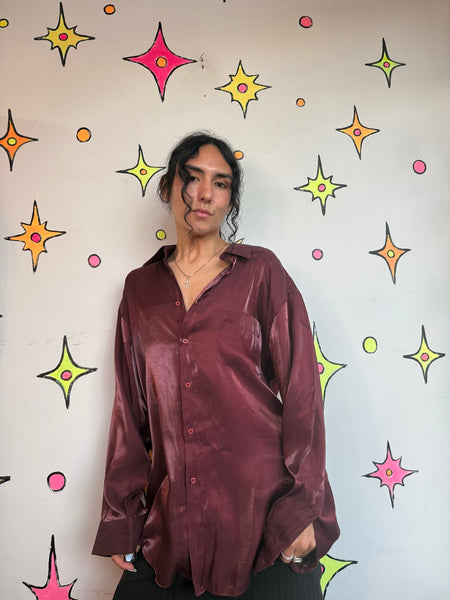 Vintage Burgundy Iridescent Party Shirt 90s Satin Lounge Button Up Men's XL