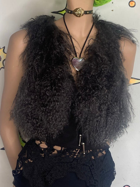 Gray Faux Mongolian Fur Vest Y2K Boho Grunge Festival Layering Piece S