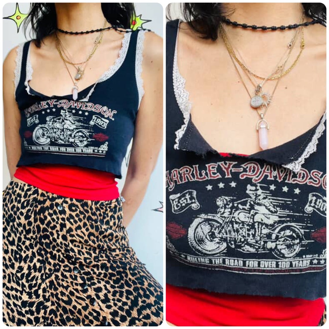 Vintage 90s | Harley Davidson Lace Trim Cut Off Cropped Tank Cami Tee T Shirt