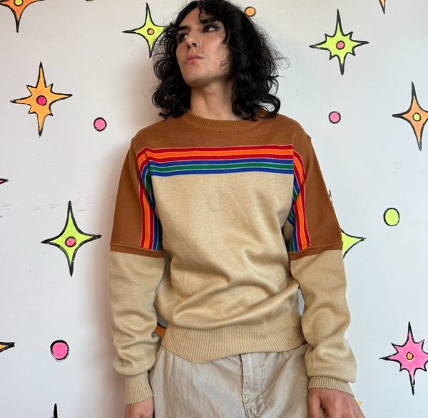 Vintage 70s Rainbow Striped Sweater | Retro Hippie Knit Pullover Skater Grunge M/L