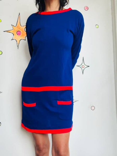 Vintage 60s MOD Space Age Navy Blue Mini Dress w/ Red Stripe – Medium / Large