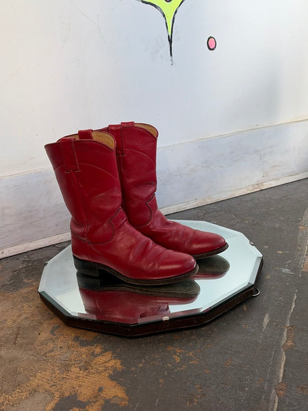 Vintage Justin Red Leather Cowboy Boots Western Cowgirl Roper Boots Boho US 6.5B