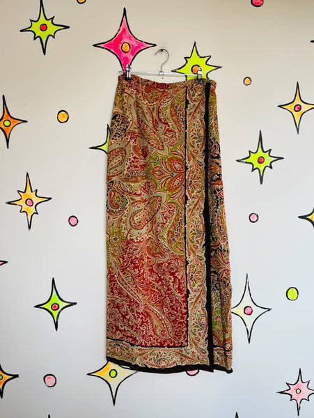 Y2K Boho Fairy Grunge Paisley Silk Wrap Maxi Skirt | Paisley Print | Size 6