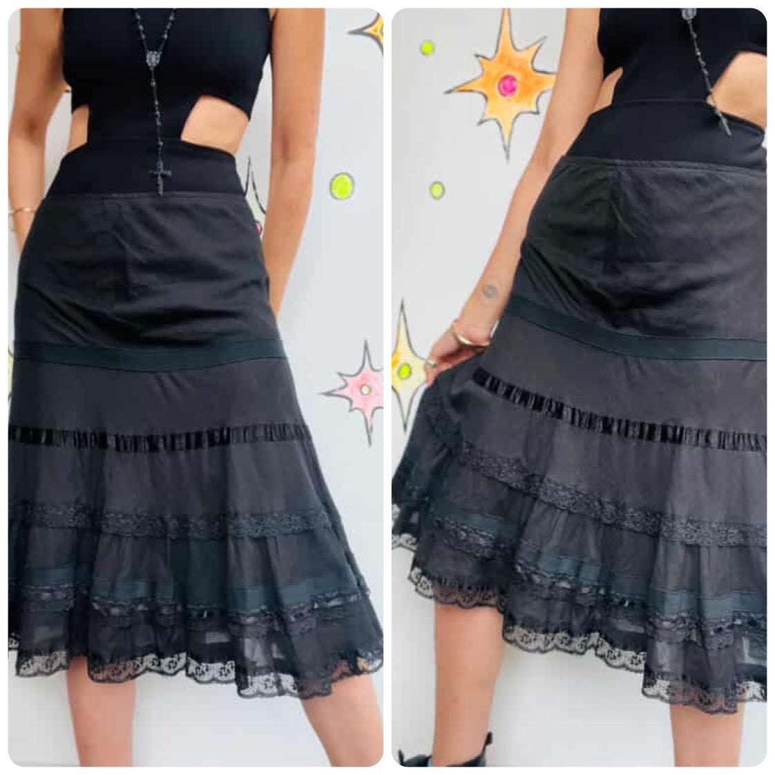 Vintage Black Tiered Lace Ruffle Midi Skirt Whimsy Goth Coquette Fairy Grunge SM